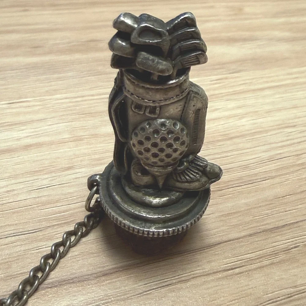 Vintage Golf Bag Bottle Stopper Silver Tone Metal Barware with Chain Cork Base